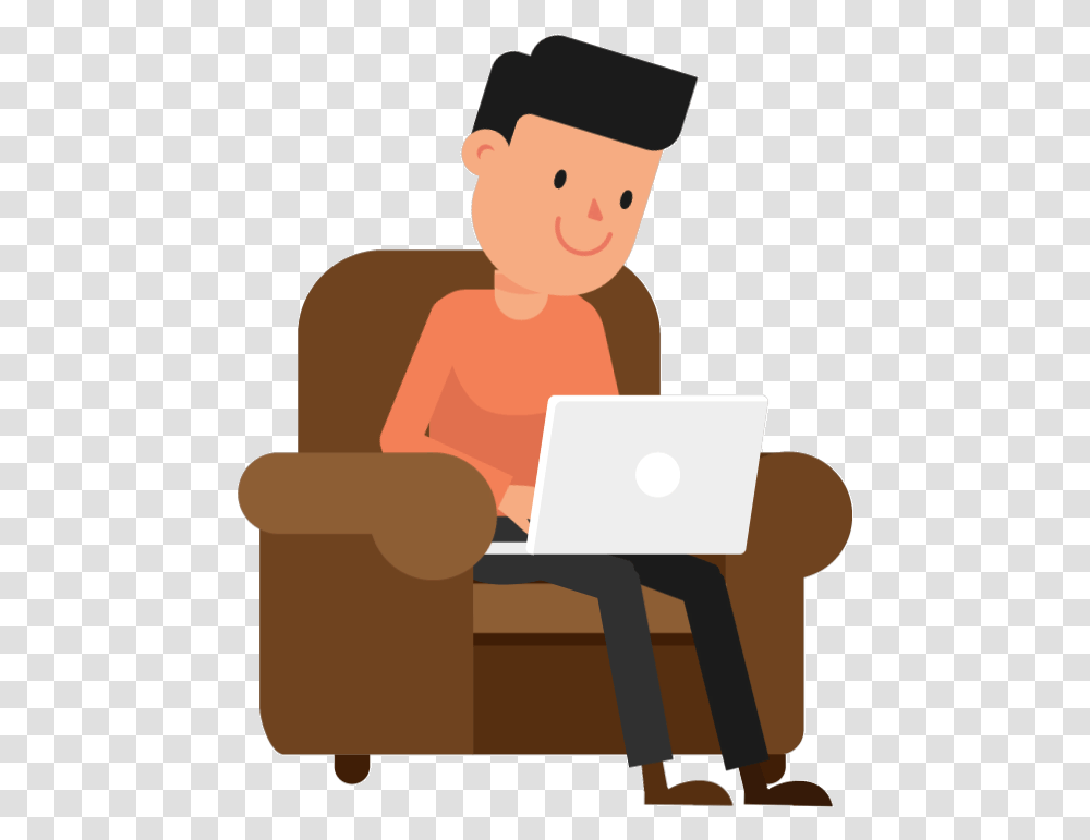 A White Man With Dark Hair And Casual Clothes Is Sitting Person On Laptop Cartoon, Pc, Computer, Electronics, Furniture Transparent Png