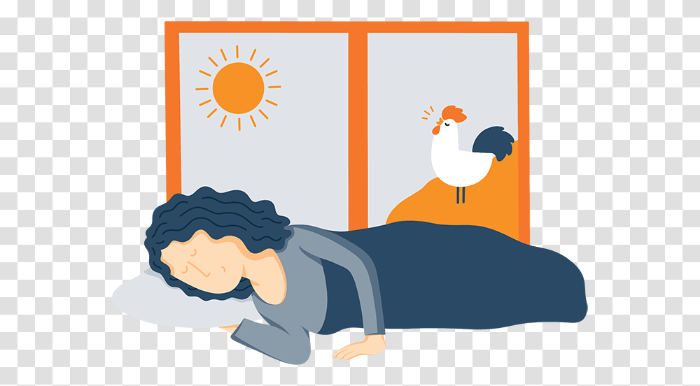 A Woman In Bed Sleeping While A Rooster Crows Illustration Sleeping Cartoon Hd, Bird, Animal, Mammal Transparent Png