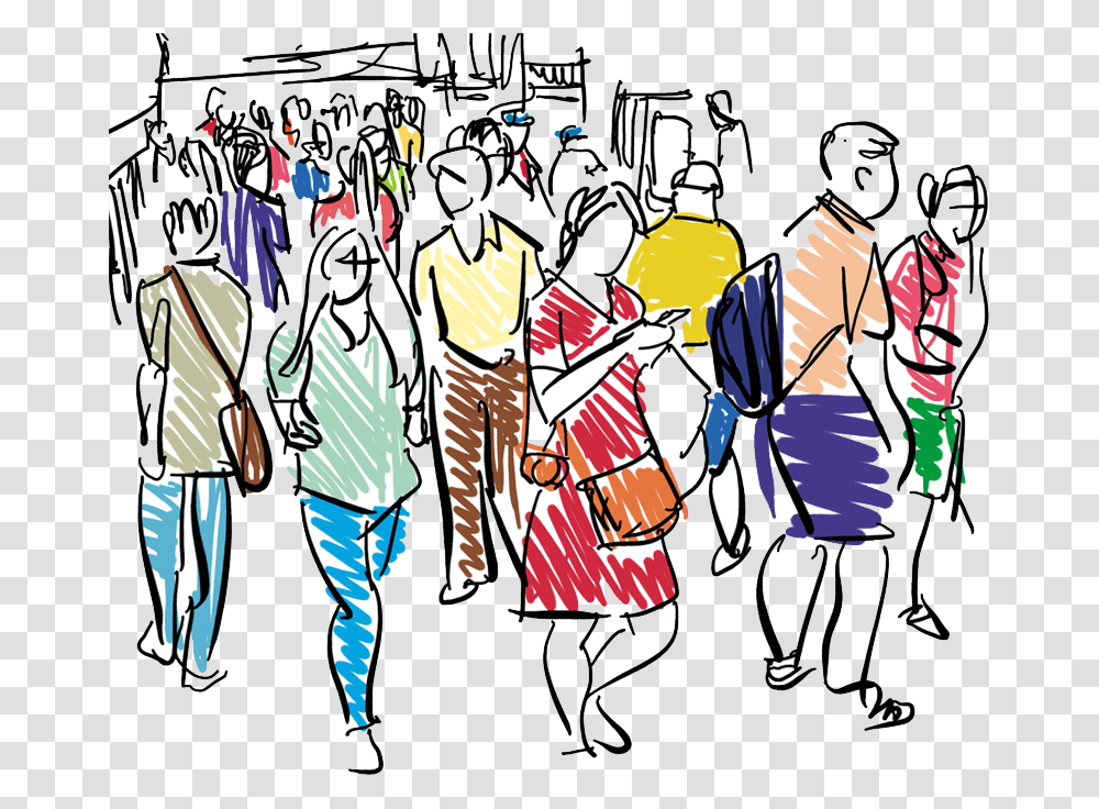 A Woman Texting In A Street That Full Of People Crowd Walking Cartoon, Person, Musician, Musical Instrument, Music Band Transparent Png