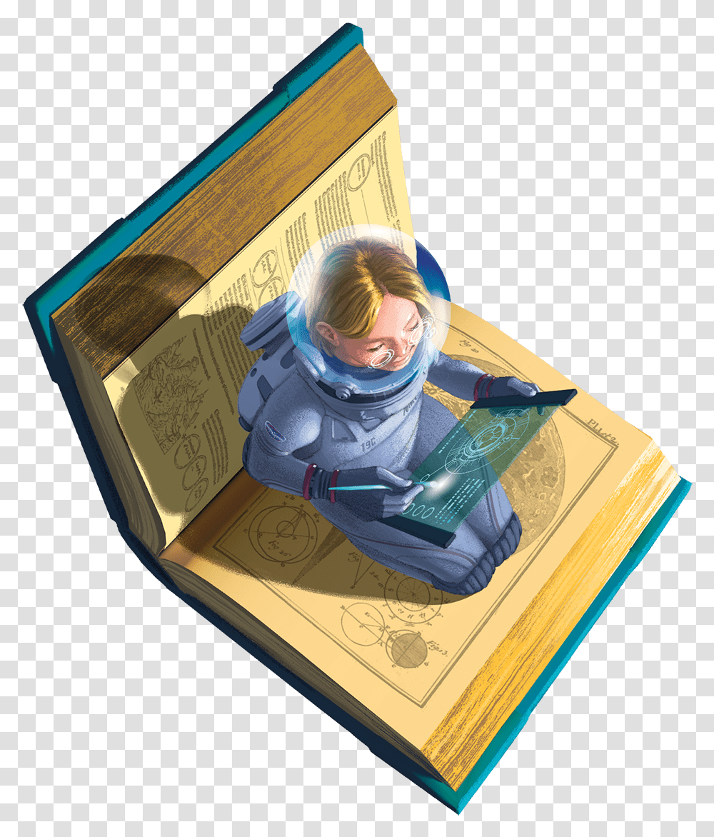 A Young Astronaut Sitting On An Open Book Filled With Teen Summer Reading 2019, Person, Human, Box, Costume Transparent Png
