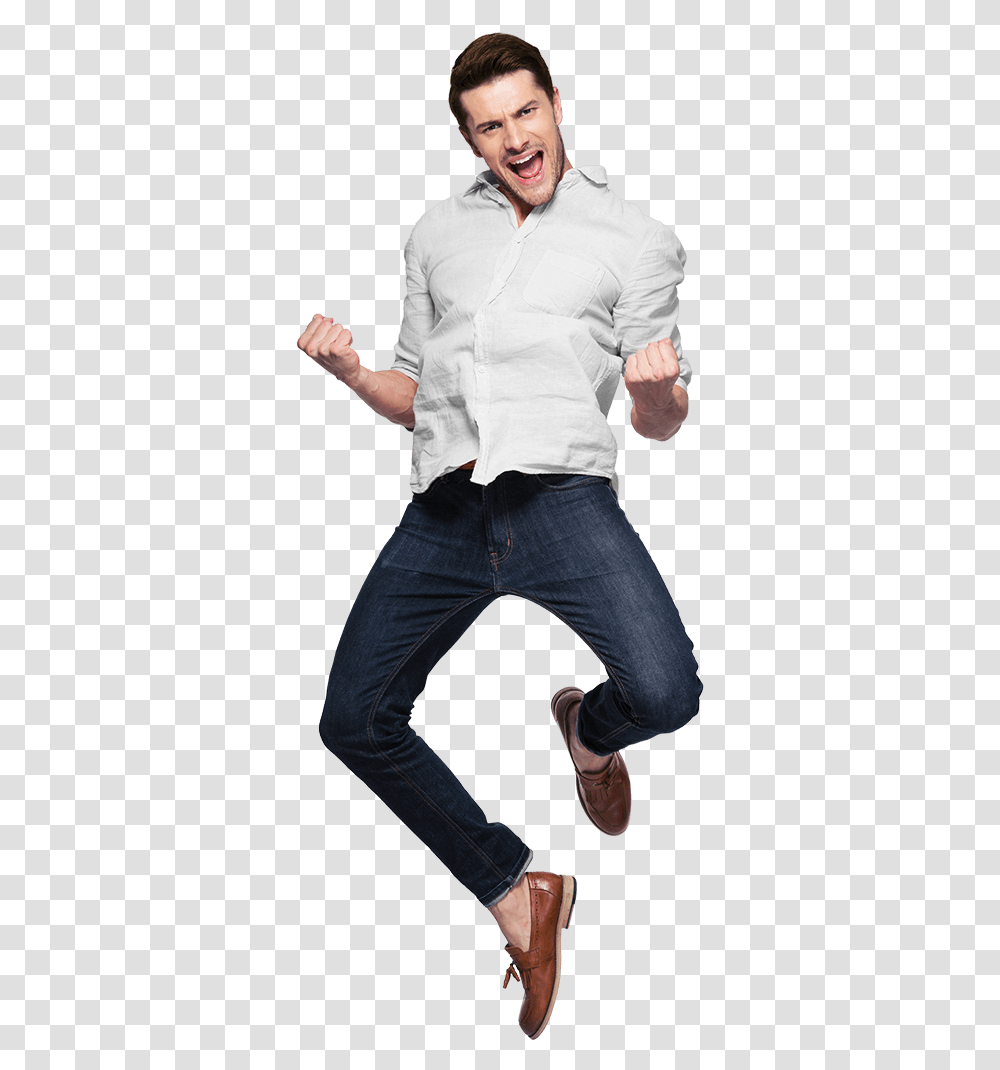 A Young Man Jumps Up With Both His Legs His Hands Young Man Jumping, Pants, Person, Sleeve Transparent Png