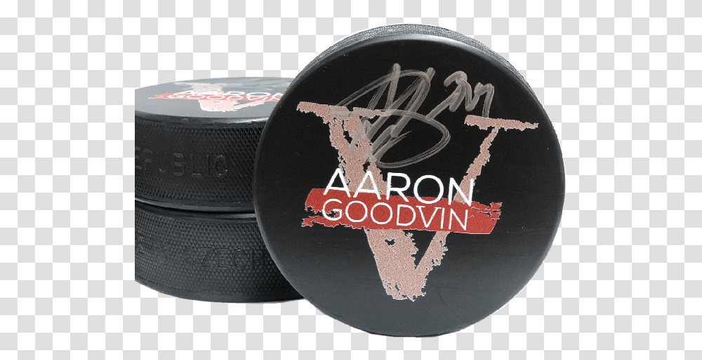 Aaron Goodvin Autographed Hockey Puck V Album Logo Reindeer, Trademark, Badge, Emblem Transparent Png