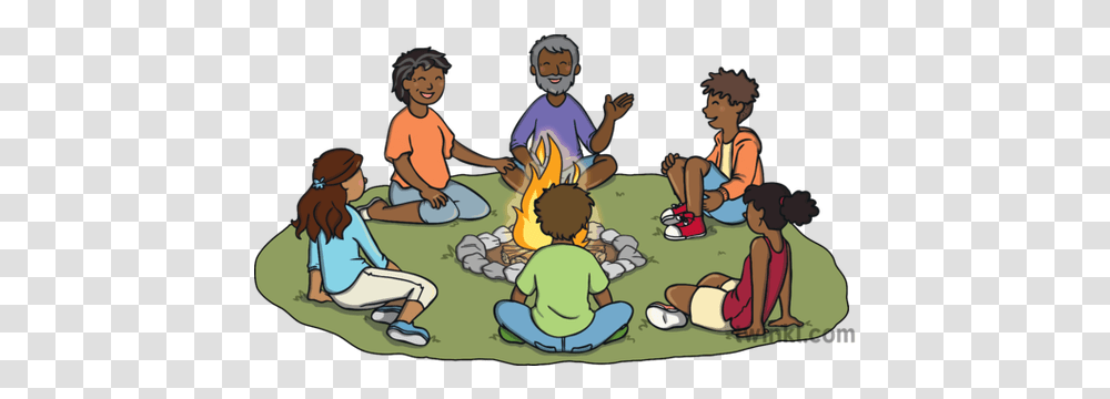 Aboriginals Sitting Around A Fire Circle Campfire Talking People Sitting Around Campfire Cartoon, Person, Human, Flame, Hair Transparent Png