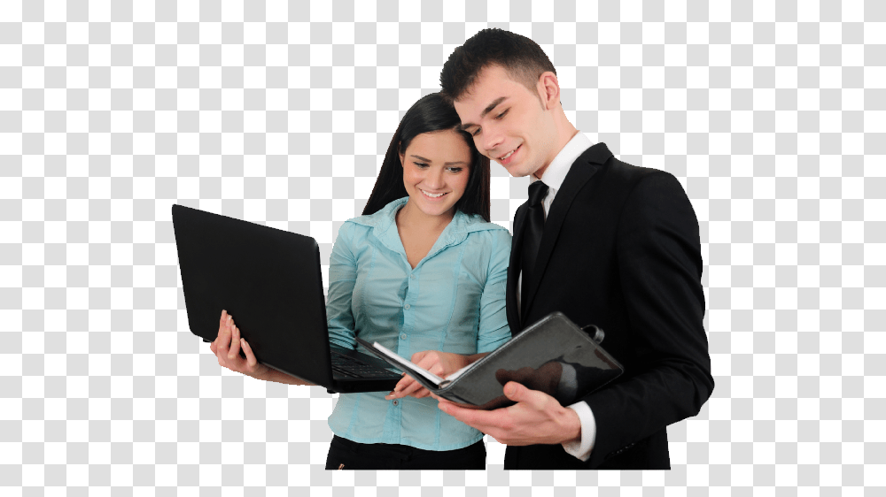 Aboutus Man Woman Business Man And Woman, Person, Tie, Laptop, Pc Transparent Png