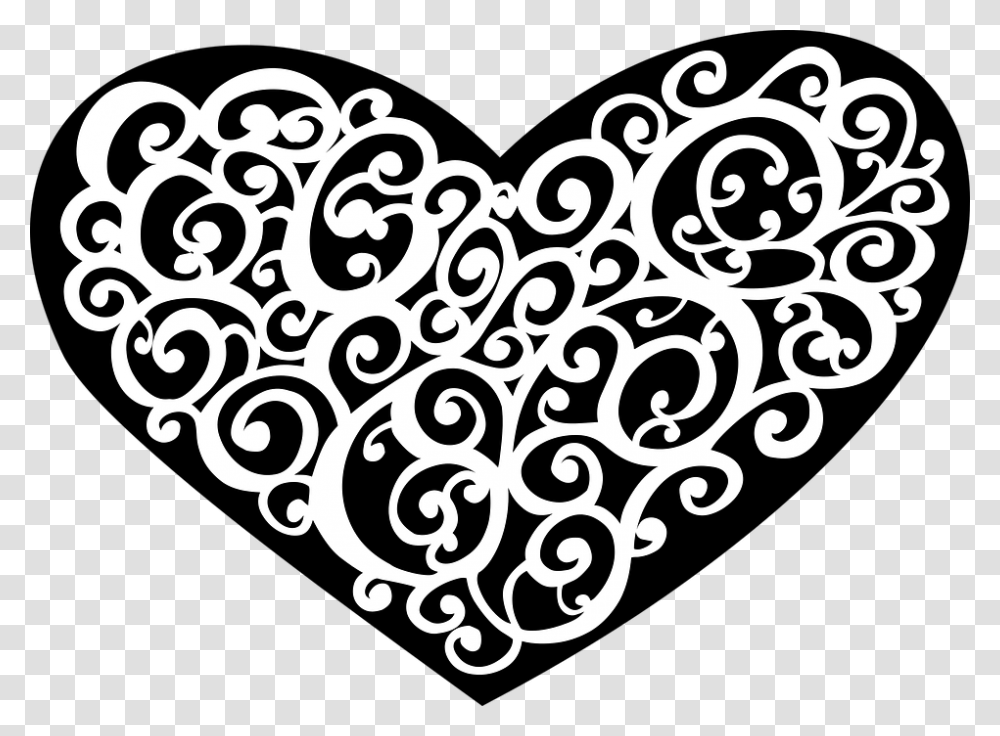 Abstract Art Black Decorative Heart Black And White Swirly Hearts, Stencil, Floral Design, Pattern Transparent Png