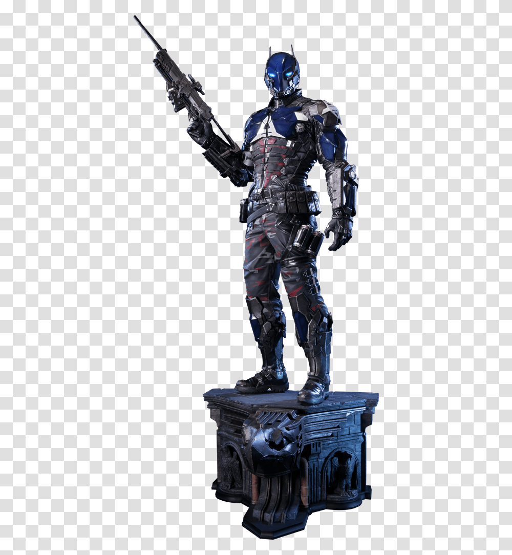 Action Characterstatuewar Machine Batman Arkham Knight Arkham Knight Statue, Helmet, Apparel, Person Transparent Png