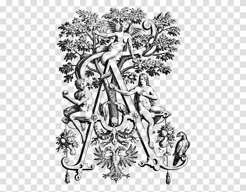 Adam Eve Garden Of Eden Satan Devil Vintage Johann Theodor De Bry Alphabet, Gray, World Of Warcraft Transparent Png