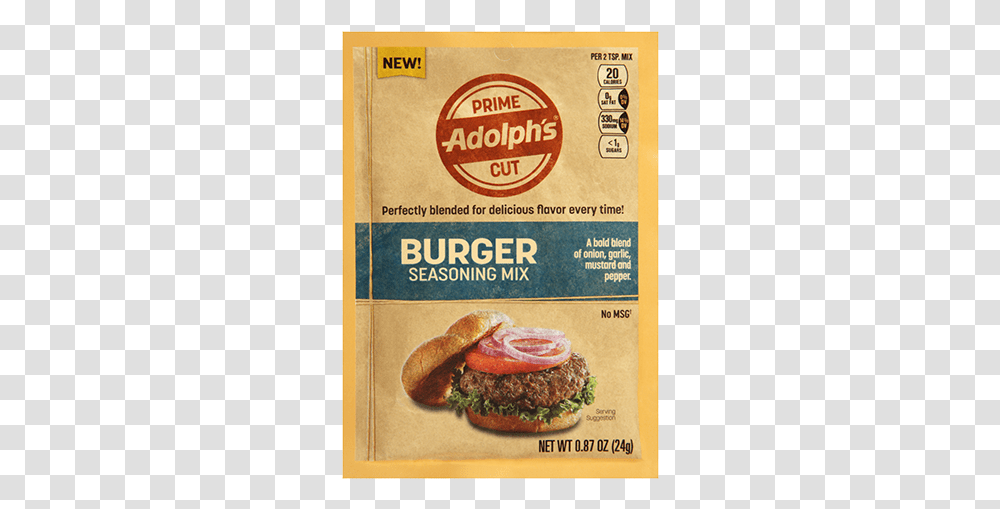 Adolphs Prime Cut Burger Seasoning Mix Veggie Burger, Food, Plant, Bread, Advertisement Transparent Png