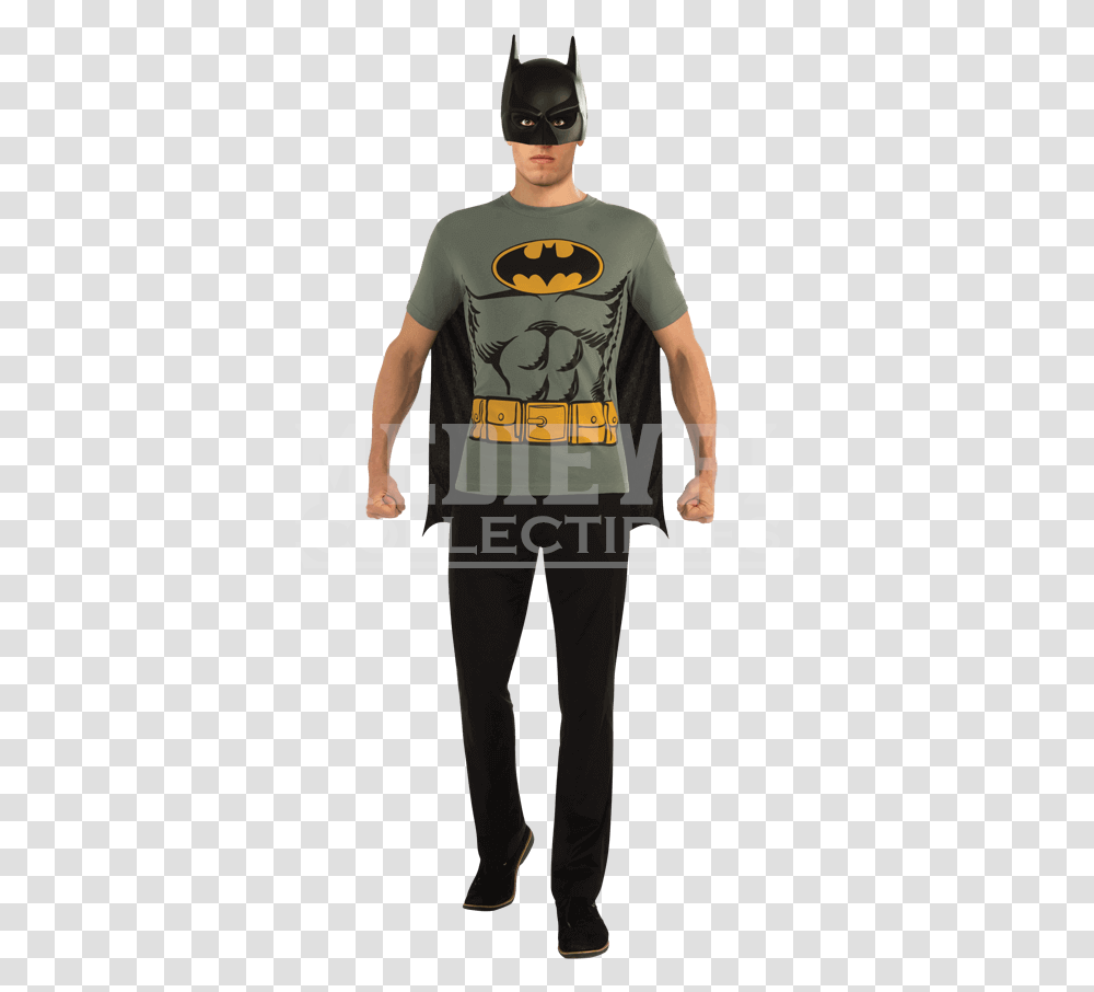 Adult Batman Grey Cape T Shirt With Mask Easy Batman Costume, Apparel, Person, Human Transparent Png