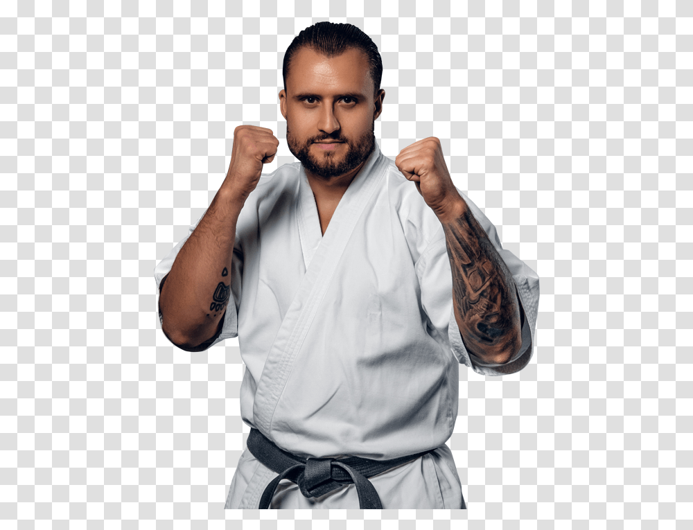 Adult Man With Fists Raised In A Defensive Karate Stance Karate Stance, Skin, Person, Human, Sport Transparent Png