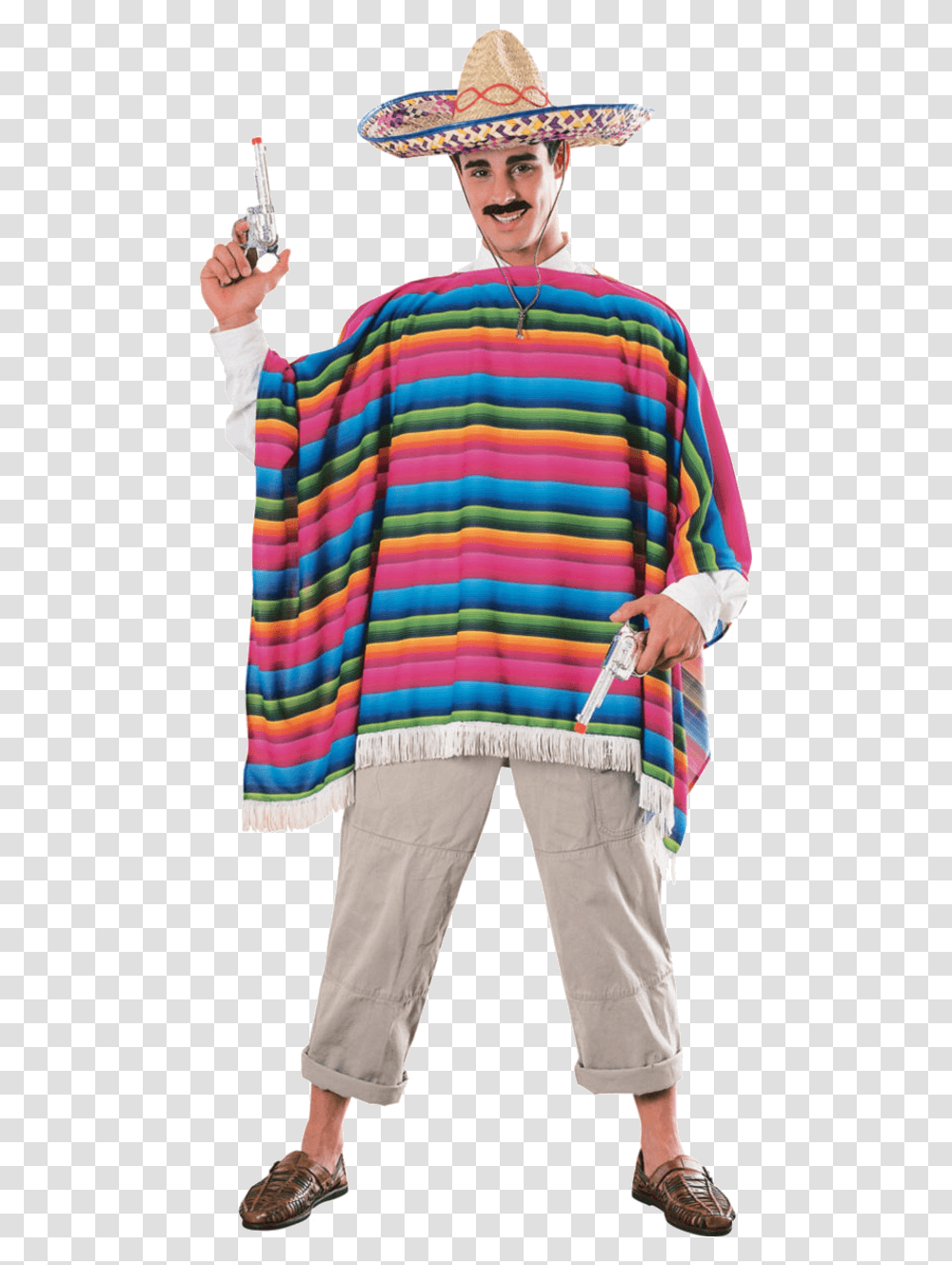 Adult Mexican Serape Poncho W Sombrero Hat Mexican Costume, Clothing, Apparel, Person, Human Transparent Png