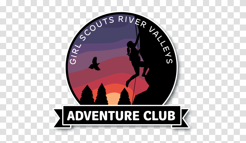Adventure Club Patch Featuring A Girl Rock Climbing Silhouette, Person, Label, Bird Transparent Png