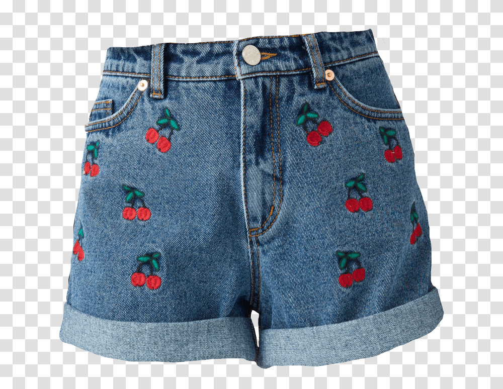 Aesthetic Clothes Cherry Embroidered Denim Shorts, Apparel, Skirt, Person Transparent Png