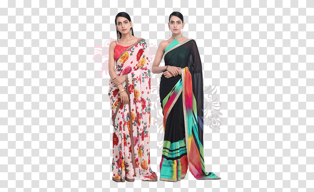 Agnisie Pack Of 2 Designer Printed Sarees With 3 Blouses Silk, Apparel, Person, Human Transparent Png