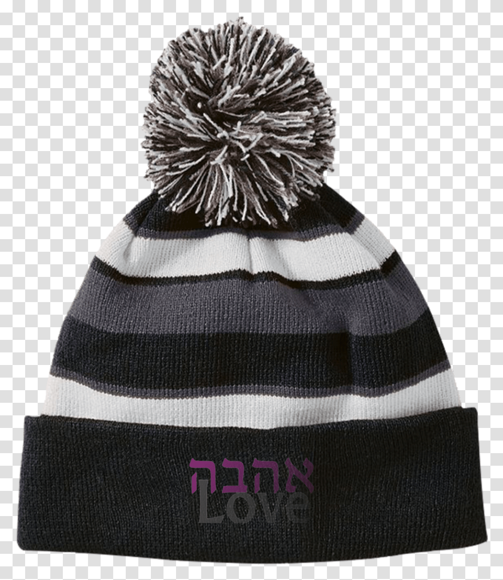 Ahavah Love Embroidered Striped Beanie Hat With Hockey Hats Winter, Apparel, Cap, Person Transparent Png
