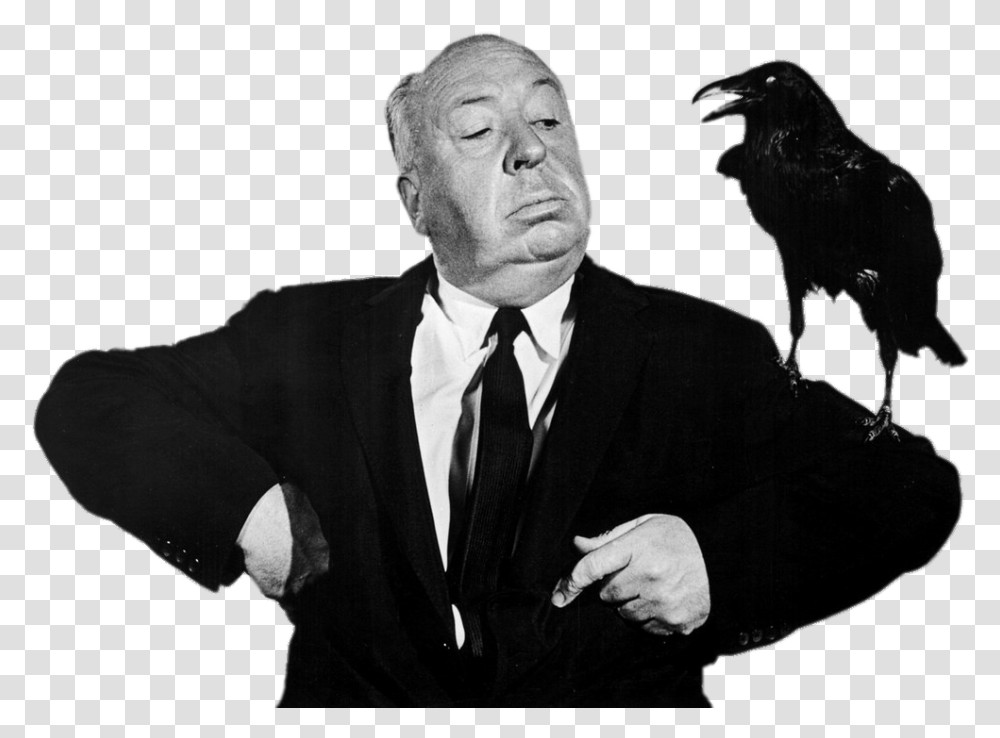 Alfred Hitchcock Posing With Crow On His Arm Alfred Hitchcock, Tie, Person, Suit, Overcoat Transparent Png