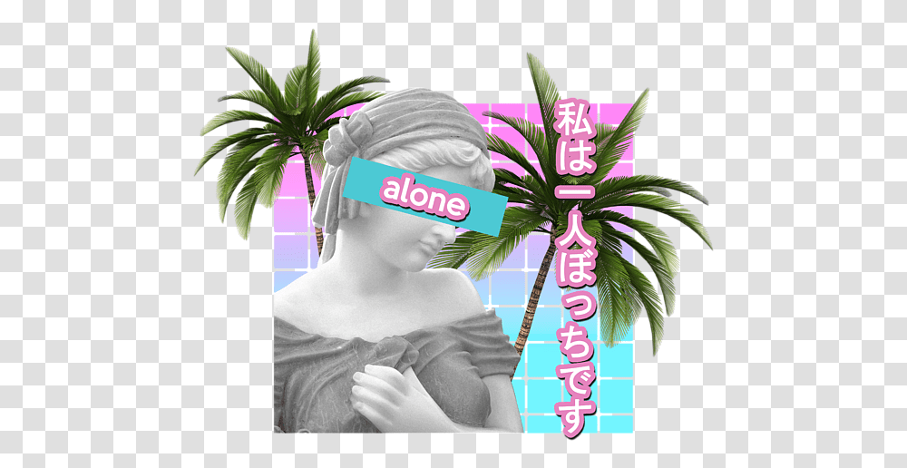 Alone Vaporwave Statue Meme Gift Antisocial Japanese Text Design Beach Sheet Girly, Plant, Person, Human, Worship Transparent Png