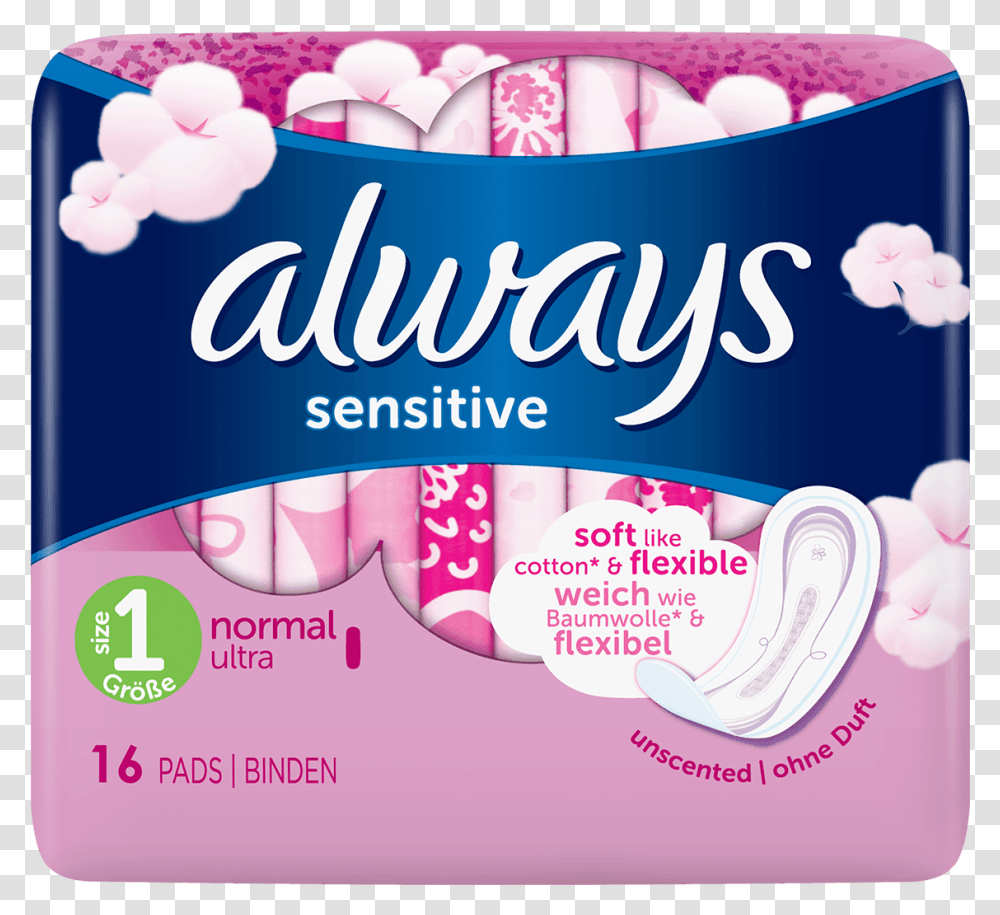 Always Sensitive Normal Ultra Sanitary Towels Always Sensitive, Gum, Food, Label Transparent Png