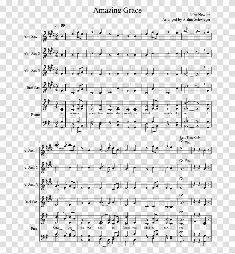 Amazing Grace Sheet Music Composed By John Newton Arranged Alto Sax Amazing Grace Saxophone Sheet Music, Gray Transparent Png