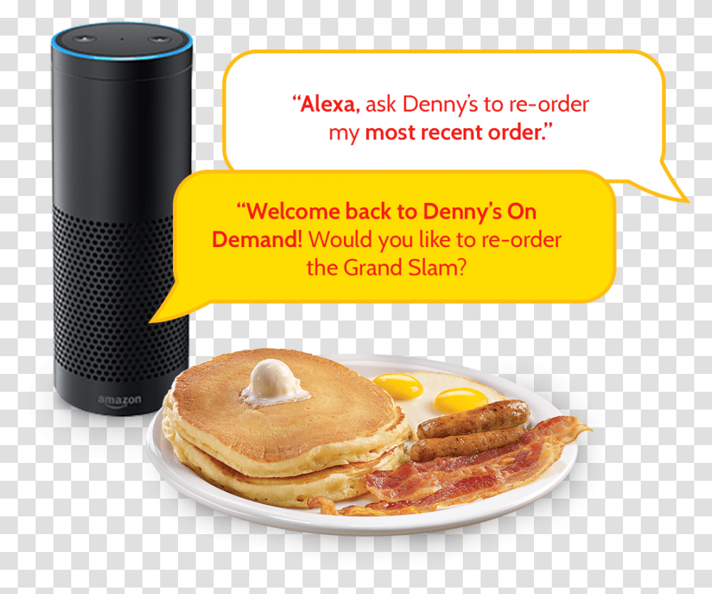 Amazon Echo With Word Bubbles Of Online Order Transaction Dennys Veterans Day 2019, Burger, Food, Bread, Pancake Transparent Png