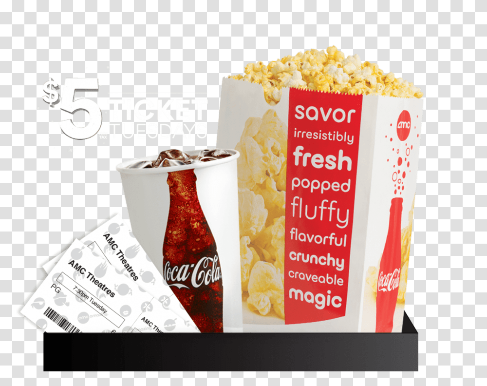 Amc Offers 5 Movie Tickets Through Oct Large Amc Popcorn, Soda, Beverage, Drink, Food Transparent Png
