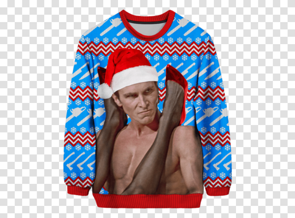 American Psycho Christmas Sweater Christian Bale American Psycho Blue, Clothing, Person, Sleeve, Long Sleeve Transparent Png