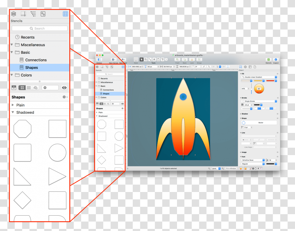 An Exploding View Of Omnigraffle Showing The Stencil Graphics Software, Fish, Animal, Number Transparent Png