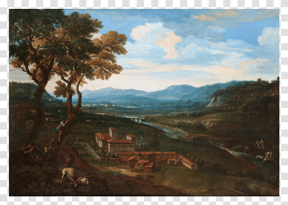 An Extensive Landscape With A Villa Figures In Trees Painting, Outdoors, Nature, Shoreline Transparent Png