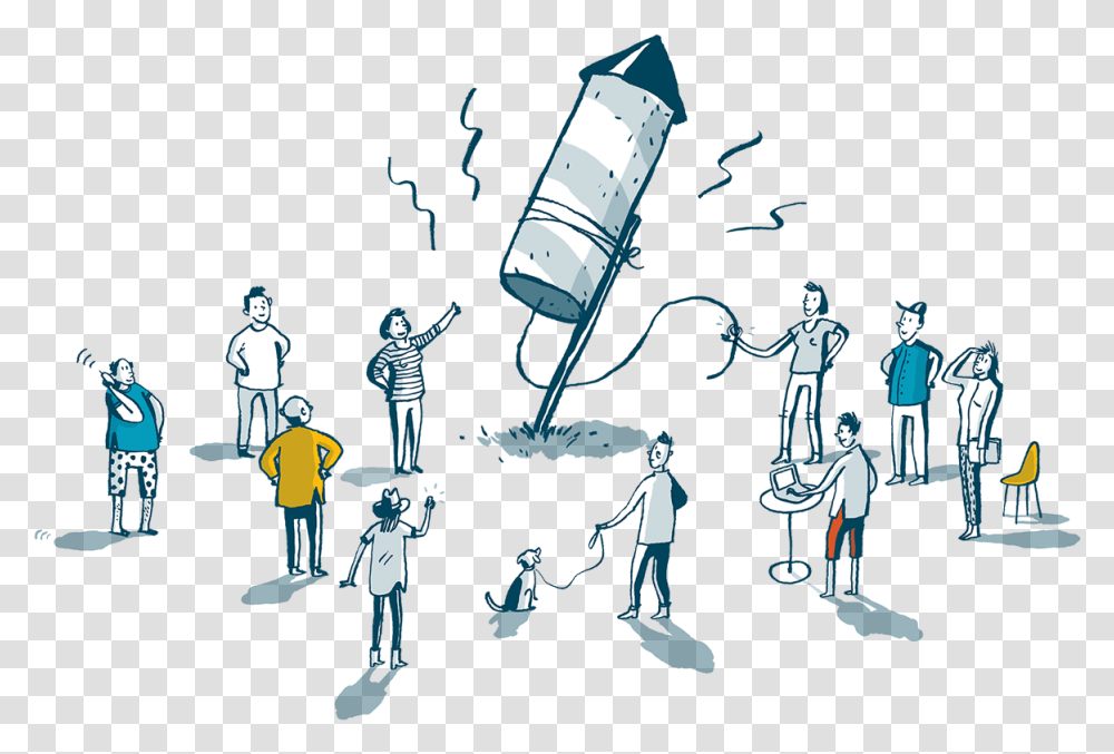 An Illustration Of People Gathered Around A Launching Illustration, Person, Human, Robot, Drawing Transparent Png