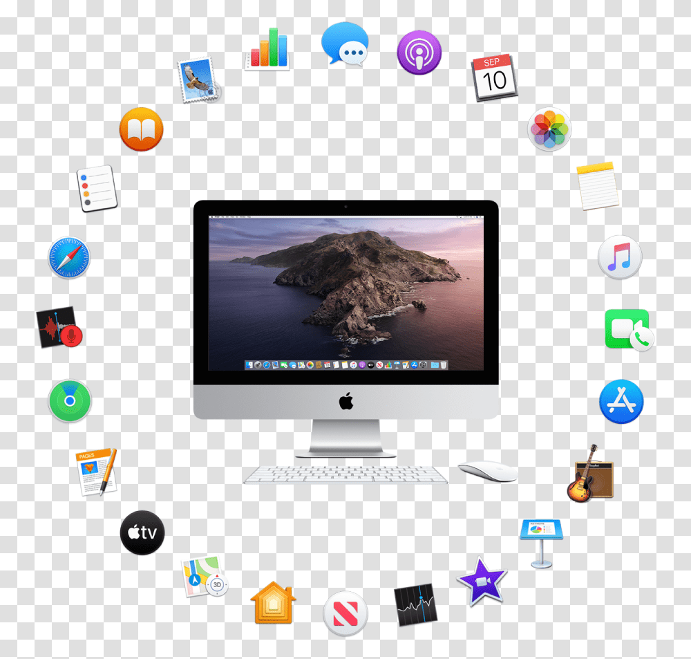 An Imac Surrounded By The Icons For The Built In Apps, Computer, Electronics, Monitor, Screen Transparent Png