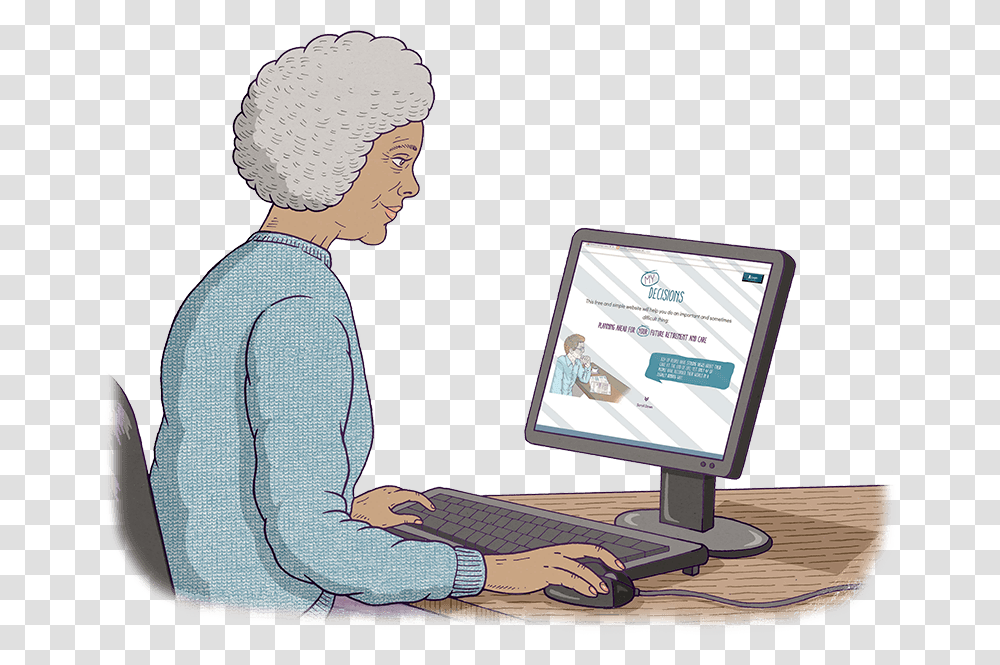 An Old Woman Is Sitting In Front Of A Computer Screen Sitting, Electronics, Person, Human, LCD Screen Transparent Png