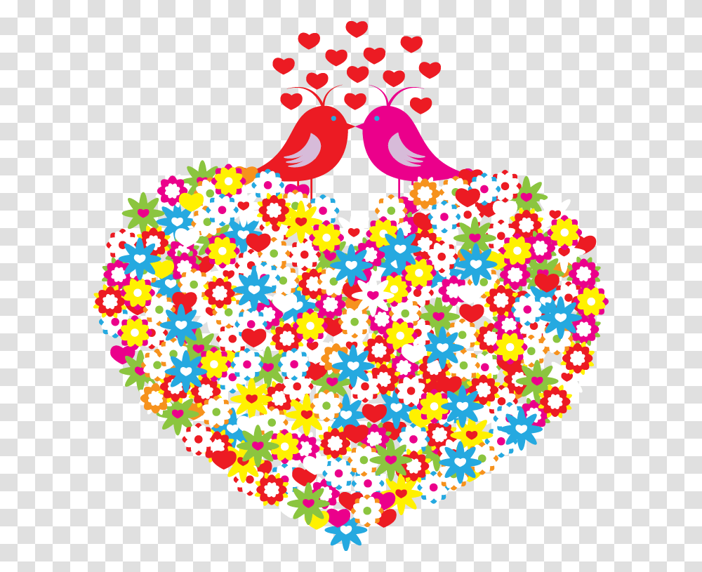 And Heart Shaped Pattern Flowers Birds Hand Painted Valentines Love Birds, Paper, Rug, Confetti Transparent Png