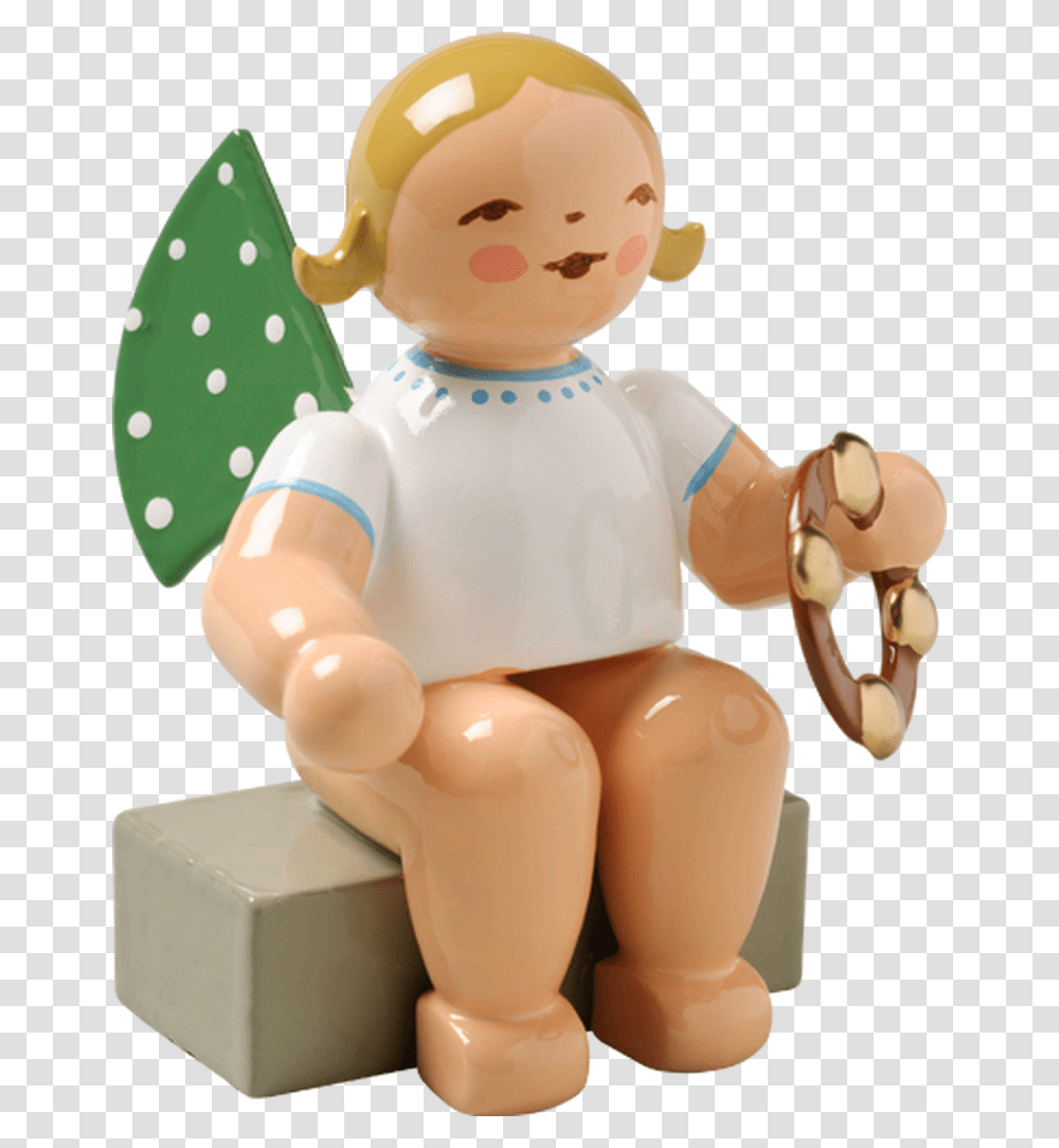 Angel Sitting With Tambourine German Wooden Christmas Angels, Toy, Figurine, Doll, Person Transparent Png