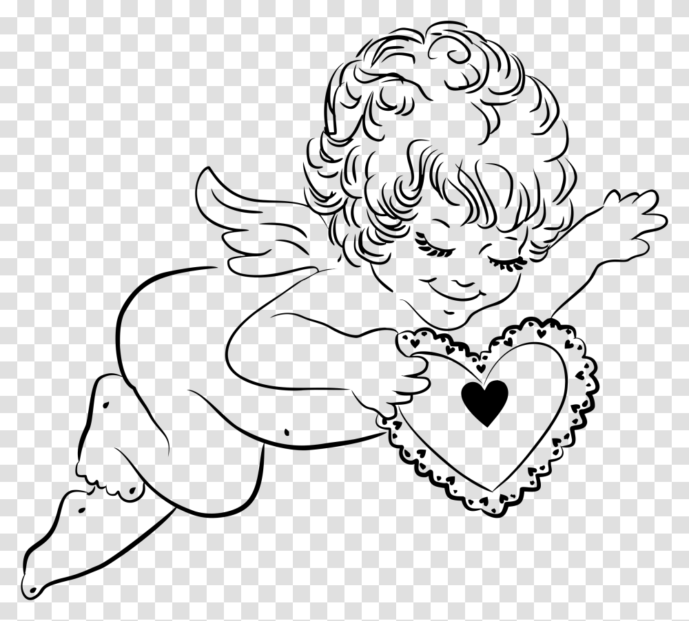 Angel With Heart Line Art Clip Arts Angel With Heart Clipart, Gray Transparent Png