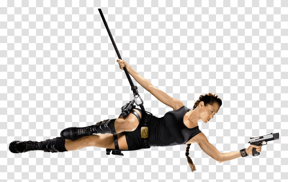 Angelina Jolie Lara Croft Swinging On Rope, Person, Gun, Adventure Transparent Png