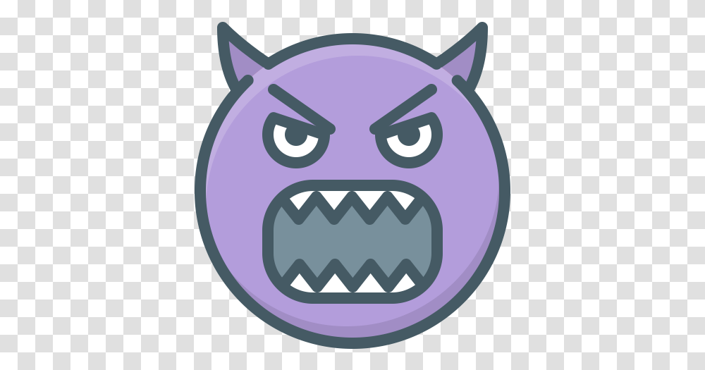 Angry Demon Devil Emoji Evil Face Cartoon, Label, Text, Sticker, Symbol Transparent Png