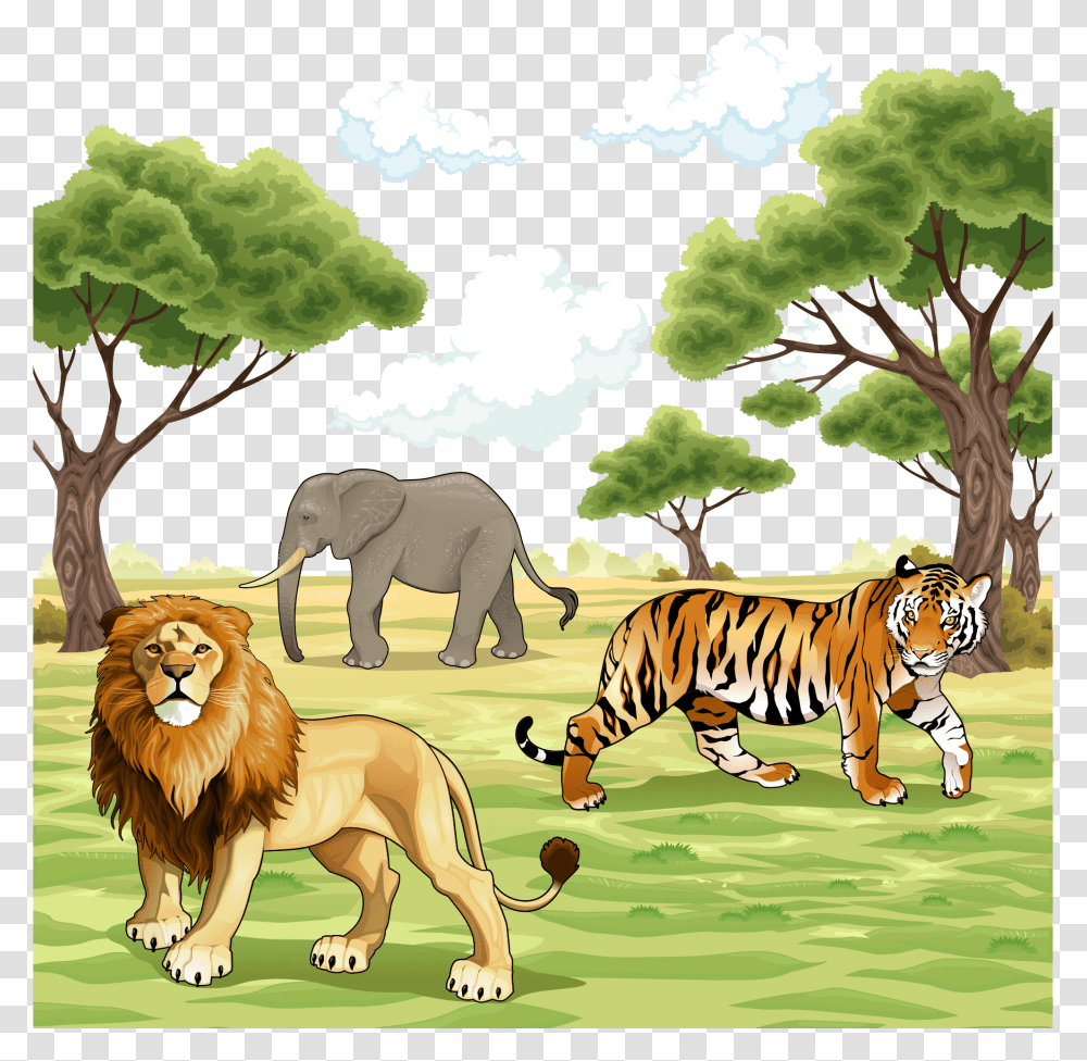 Animals In Nature Clipart Cartoons Animals In The Nature, Tiger, Wildlife, Mammal, Elephant Transparent Png