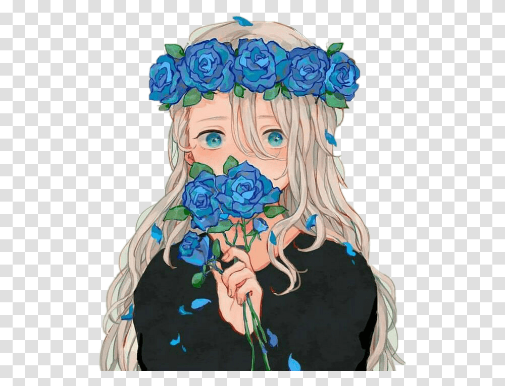 Anime Animegirl Blue Flowers Blueflowers Crownflower, Person, Manga, Comics, Book Transparent Png