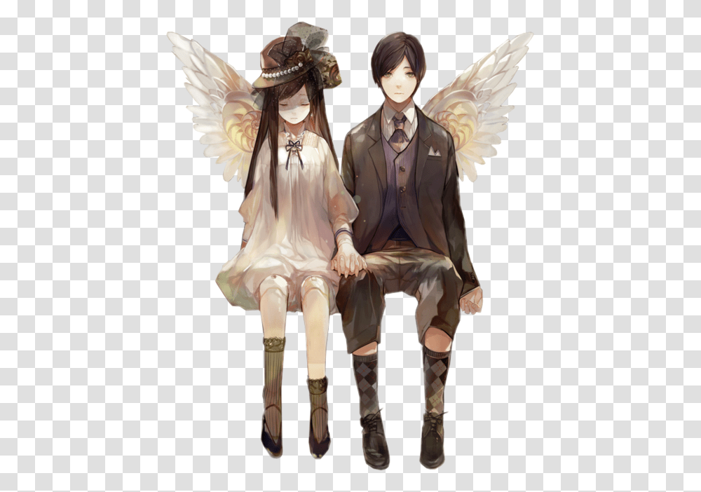 Anime Couple Wings Angels Female Male Sitting Anime Male Angel, Person, Human, Archangel Transparent Png