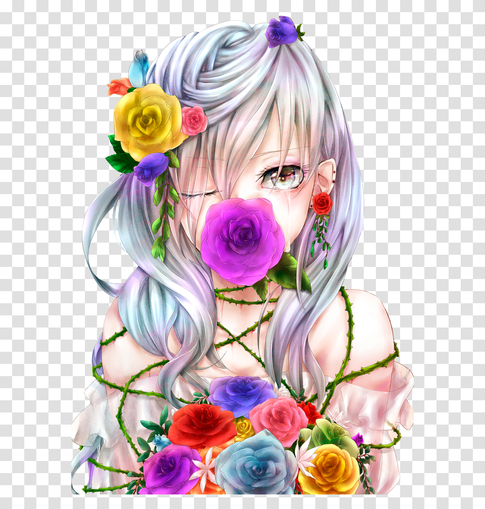 Anime Flowers And Anime Girl Image Manga Fille Cheveux Blanc, Person, Plant Transparent Png