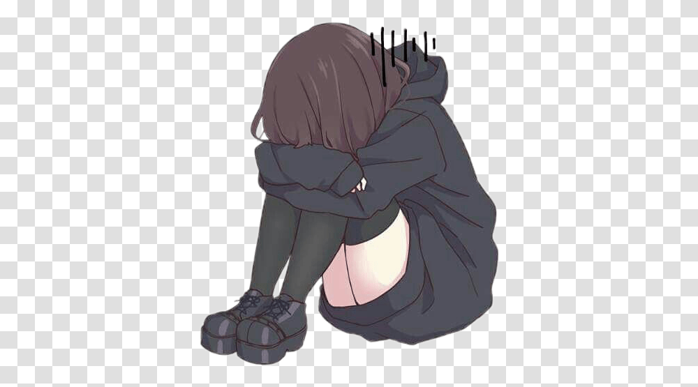 Anime Girl Animegirl Black Sick Sad Sad Anime Girl Chibi, Clothing, Helmet, Cloak, Fashion Transparent Png