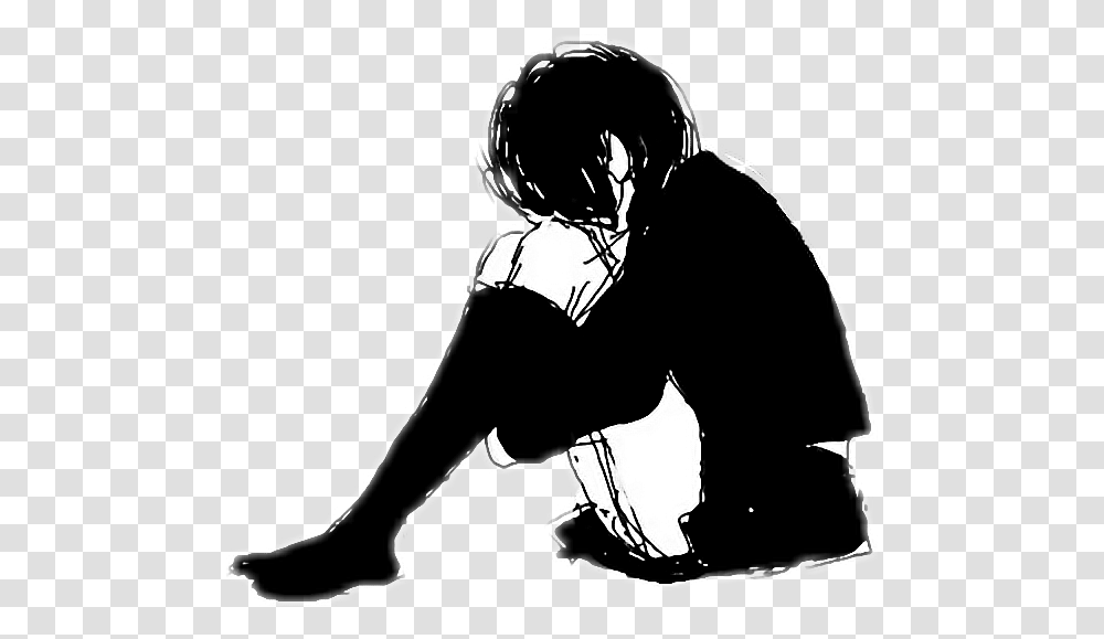 Anime Girl Sad Sad Girl Sitting, Person, Human, Kneeling, Stencil Transparent Png