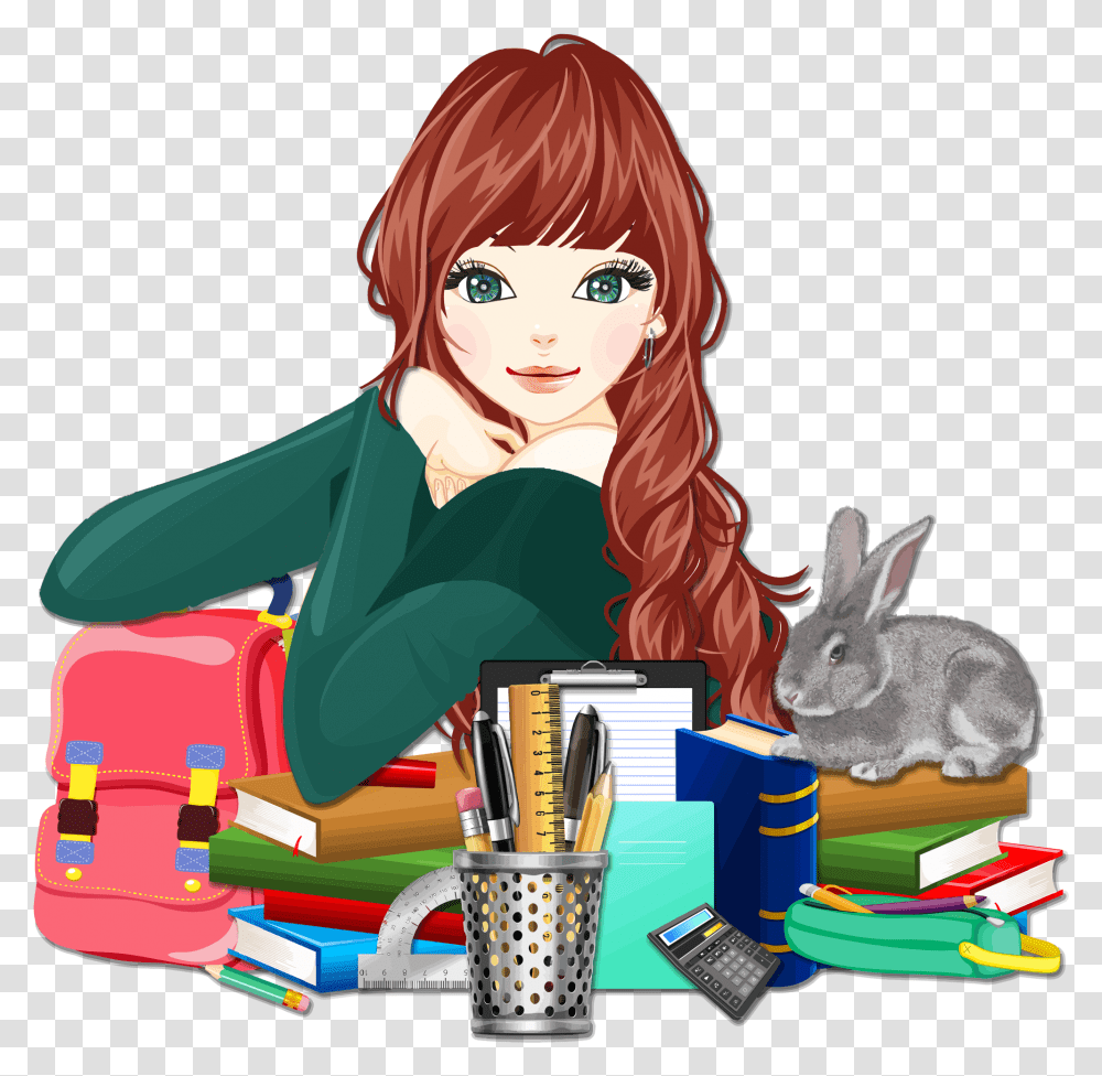Anime Girl Sitting Coloring Books For Girls Stress Relief Teen School Clipart, Toy, Mammal, Animal, Rabbit Transparent Png