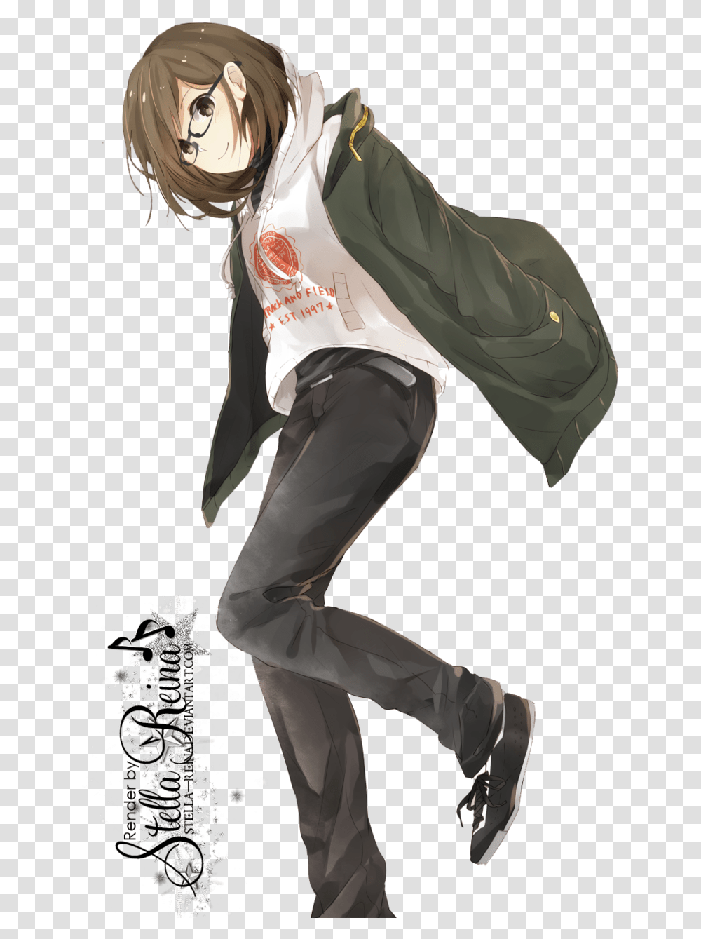 Anime Girl With Brown Hair And Glasses Search Result Cartoon, Sleeve, Pants, Footwear Transparent Png