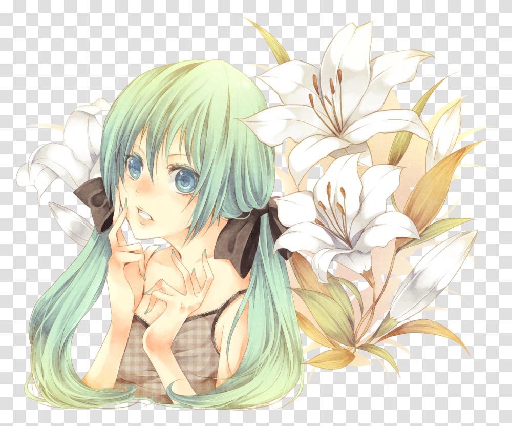 Anime Girl With Flowers Anime Girl On Background, Plant, Painting, Manga, Comics Transparent Png