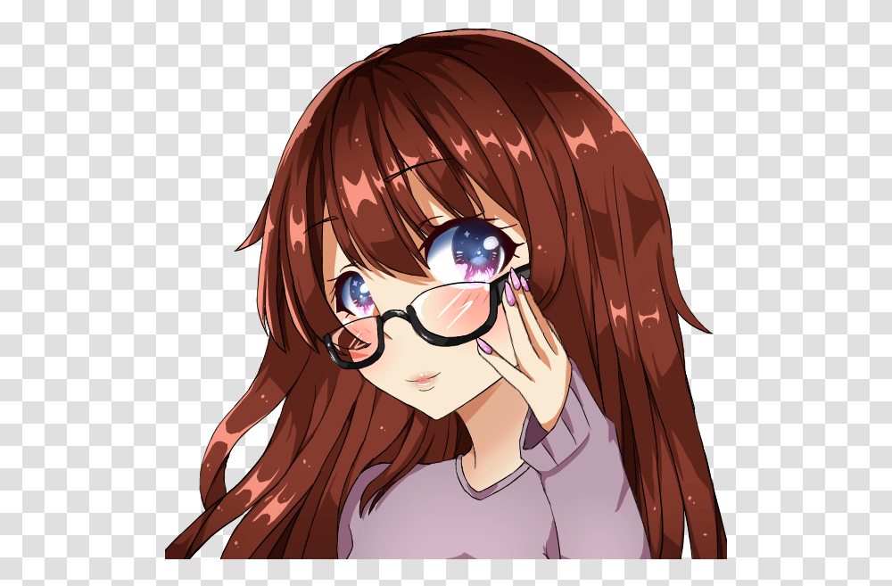 Anime Girl With Glasses Purple Eyes Anime Girl With Glasses And Brown Hair, Comics, Book, Manga, Helmet Transparent Png