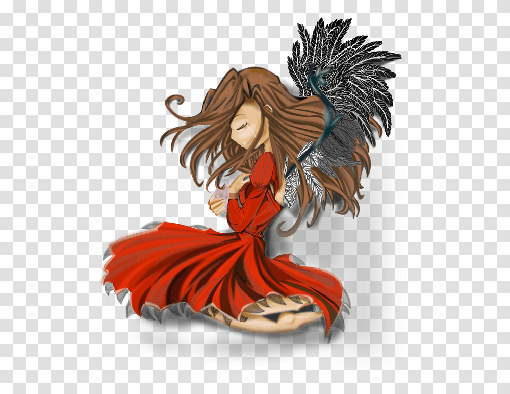 Anime Girl Woman Floating Feathers Dress Skirt Angel Anime Drawing, Dance Pose, Leisure Activities, Performer, Person Transparent Png