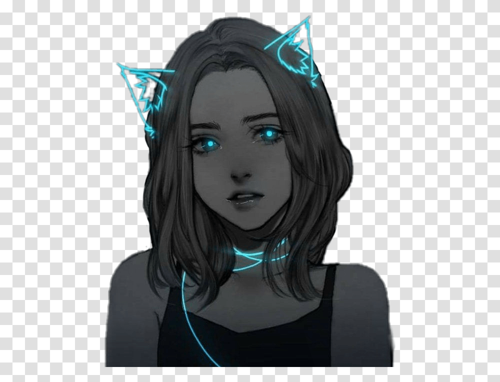 Anime Otaku Animegirl Neon Black Blue Cat Ears Black And Blue Anime Girl, Face, Person, Head, Portrait Transparent Png
