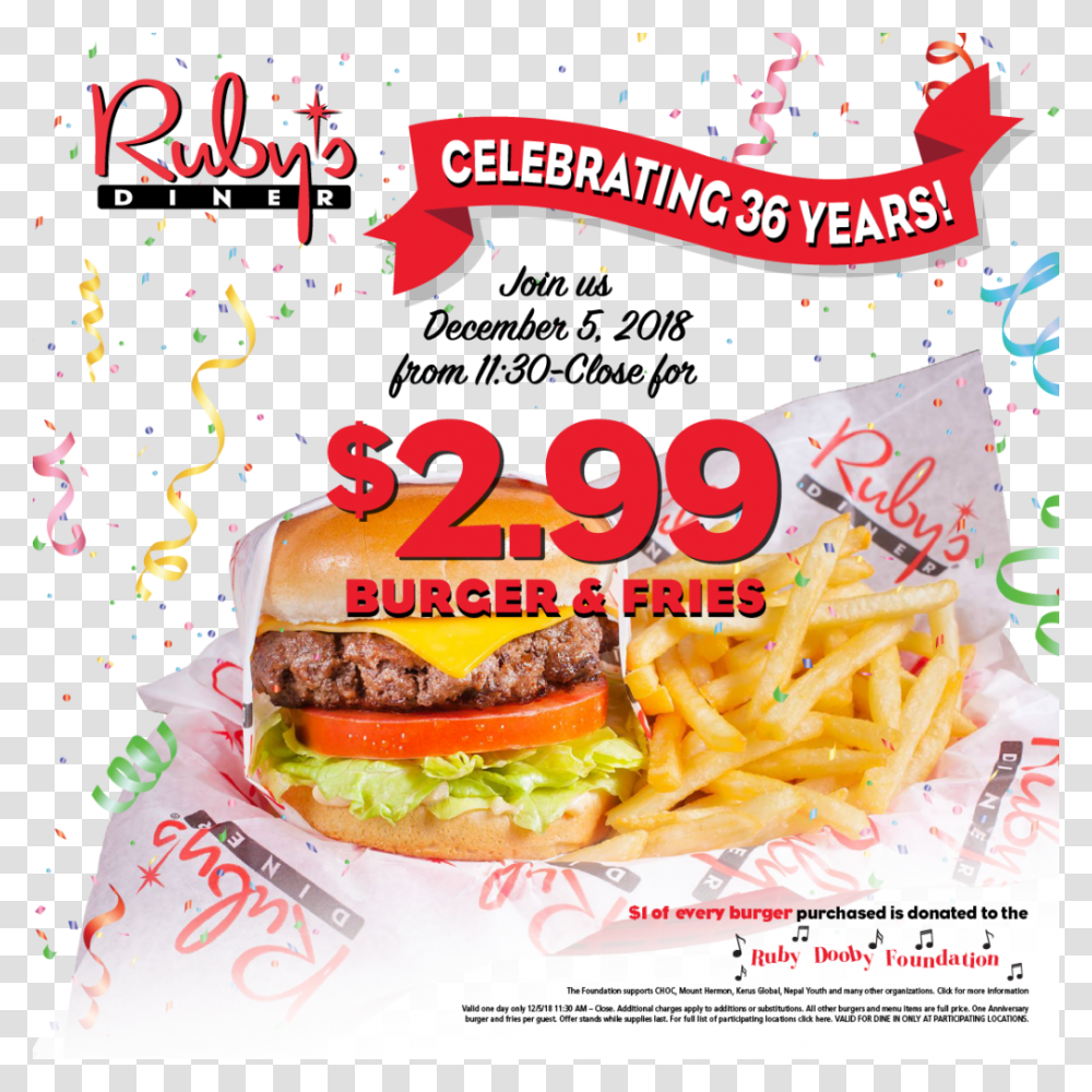 Anniversary Burger And Fries To Benefit The Ruby Ruby's Diner Special, Advertisement, Poster, Food, Flyer Transparent Png