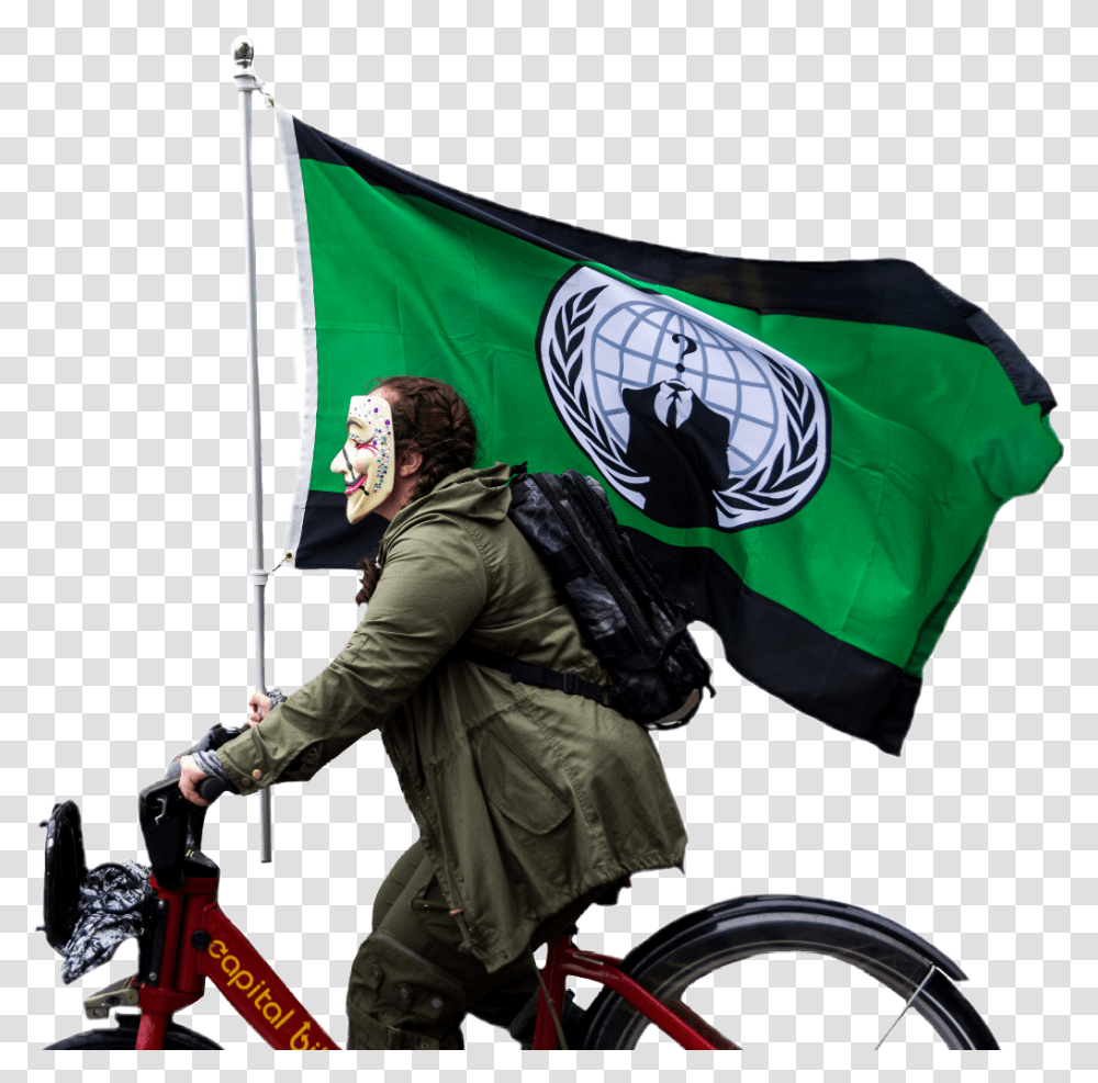 Anonymous Bike Green Flag Activism Ride Mask Guyfawkes Hybrid Bicycle, Person, Human, Vehicle, Transportation Transparent Png